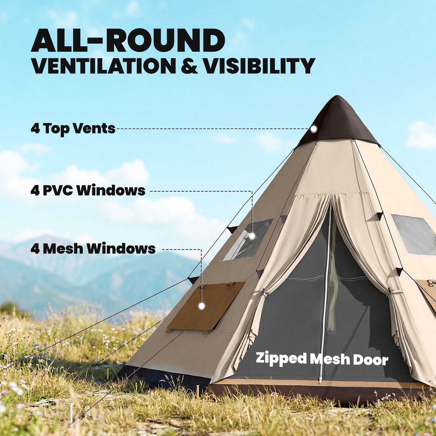 6-7 Person Large Family Party Camping Tent W/ Carrying Bag, Khaki