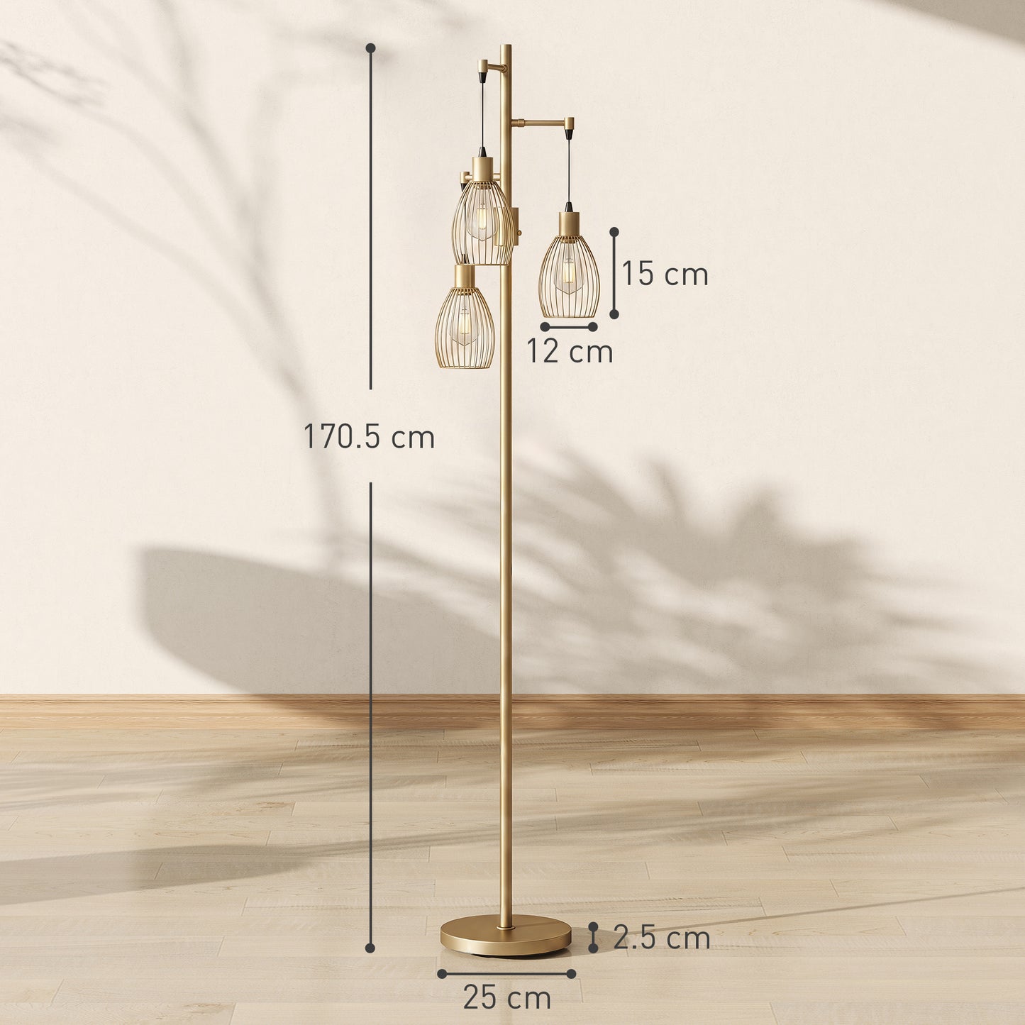 Industrial 3-Light Floor Lamp Dimmable LED Standing Lamp, Gold Tone