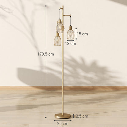 Industrial 3-Light Floor Lamp Dimmable LED Standing Lamp, Gold Tone