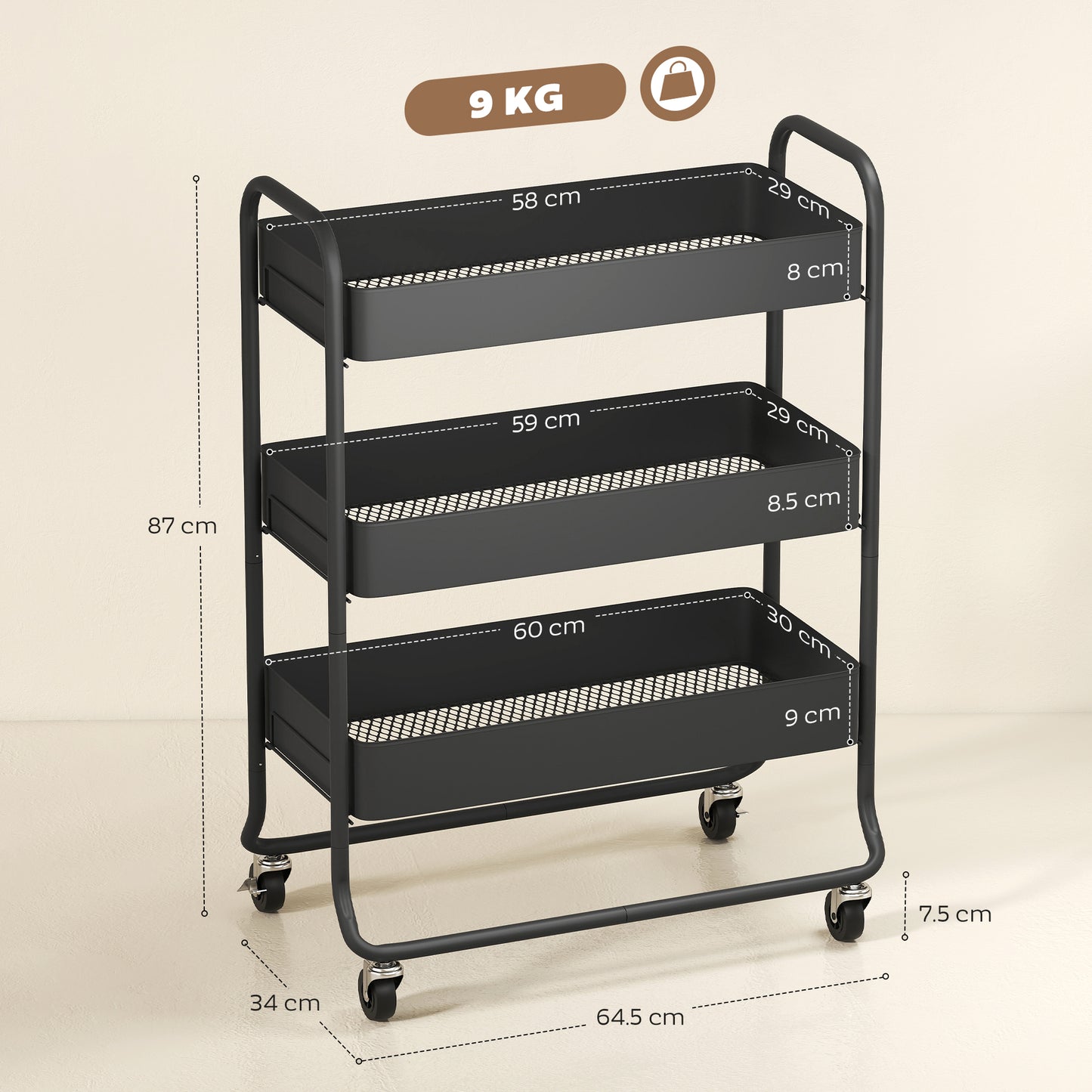 3-Tier Storage Trolley, Storage Cart with Mesh Backets, Wheels