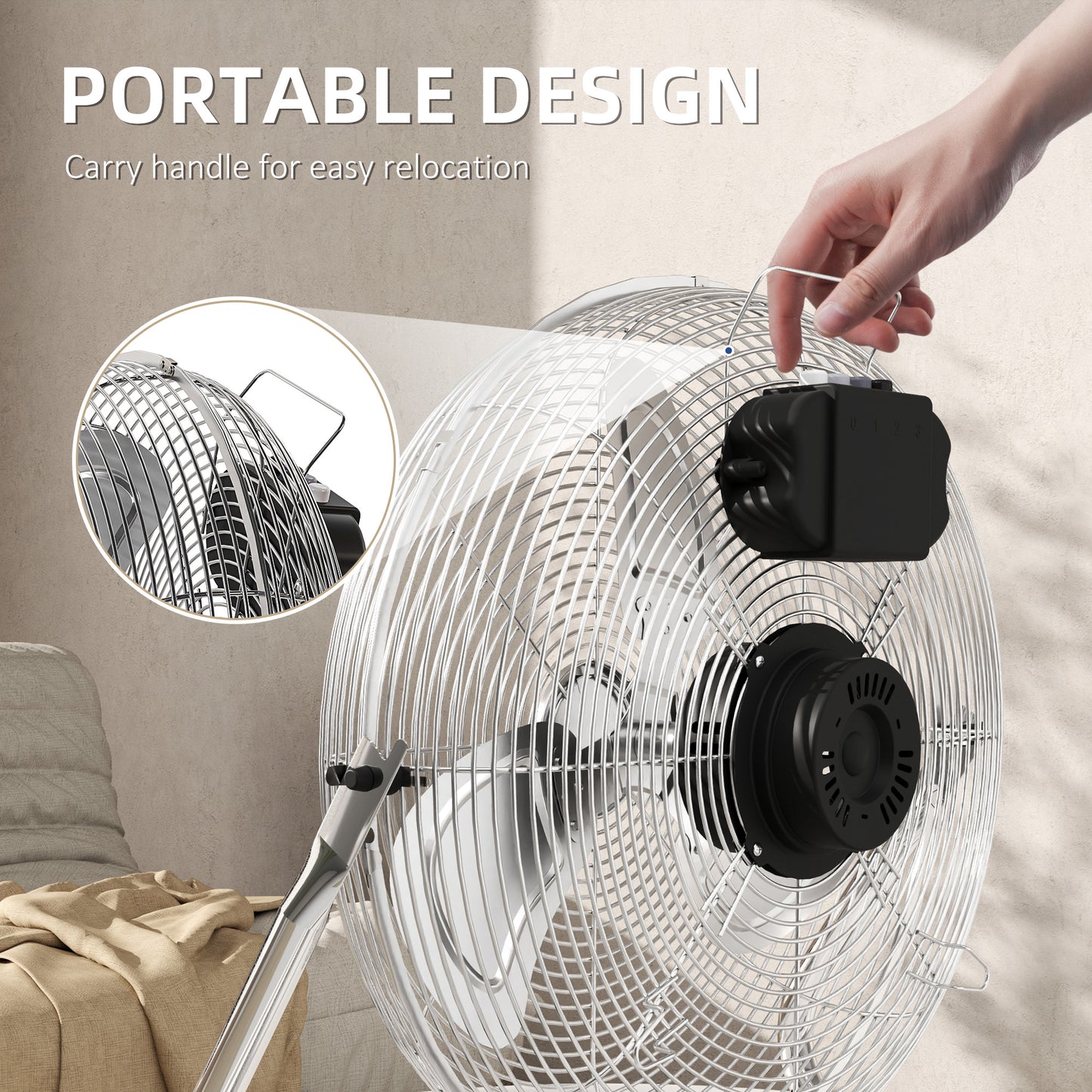 Metal Floor Fan with 3 Speeds & Adjustable Tilt, Silver Tone