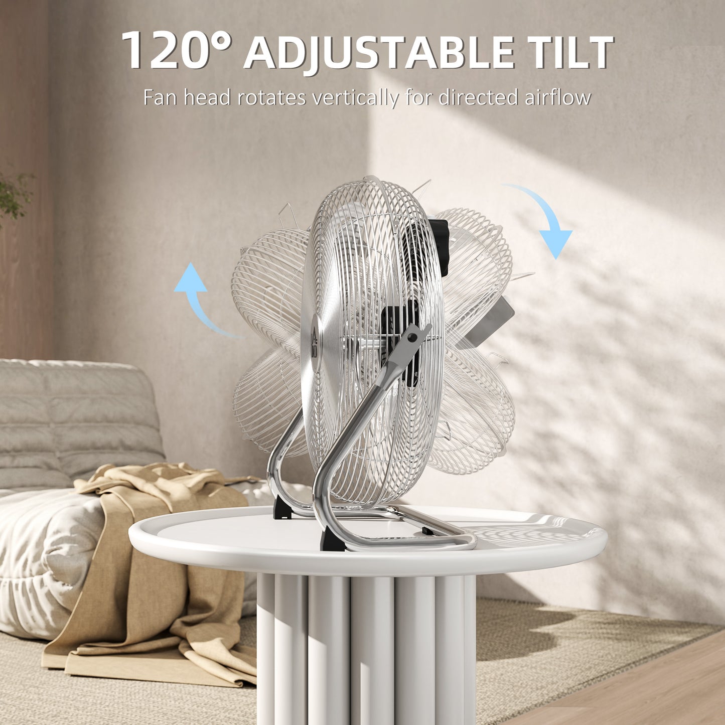 Metal Floor Fan with 3 Speeds & Adjustable Tilt, Silver Tone