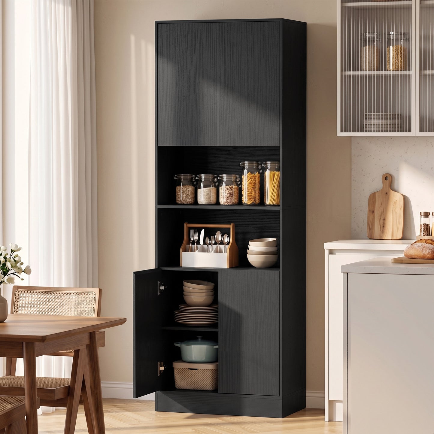 170cm Kitchen Pantry Cabinet with Soft-Close Hinges, Black Wood Effect