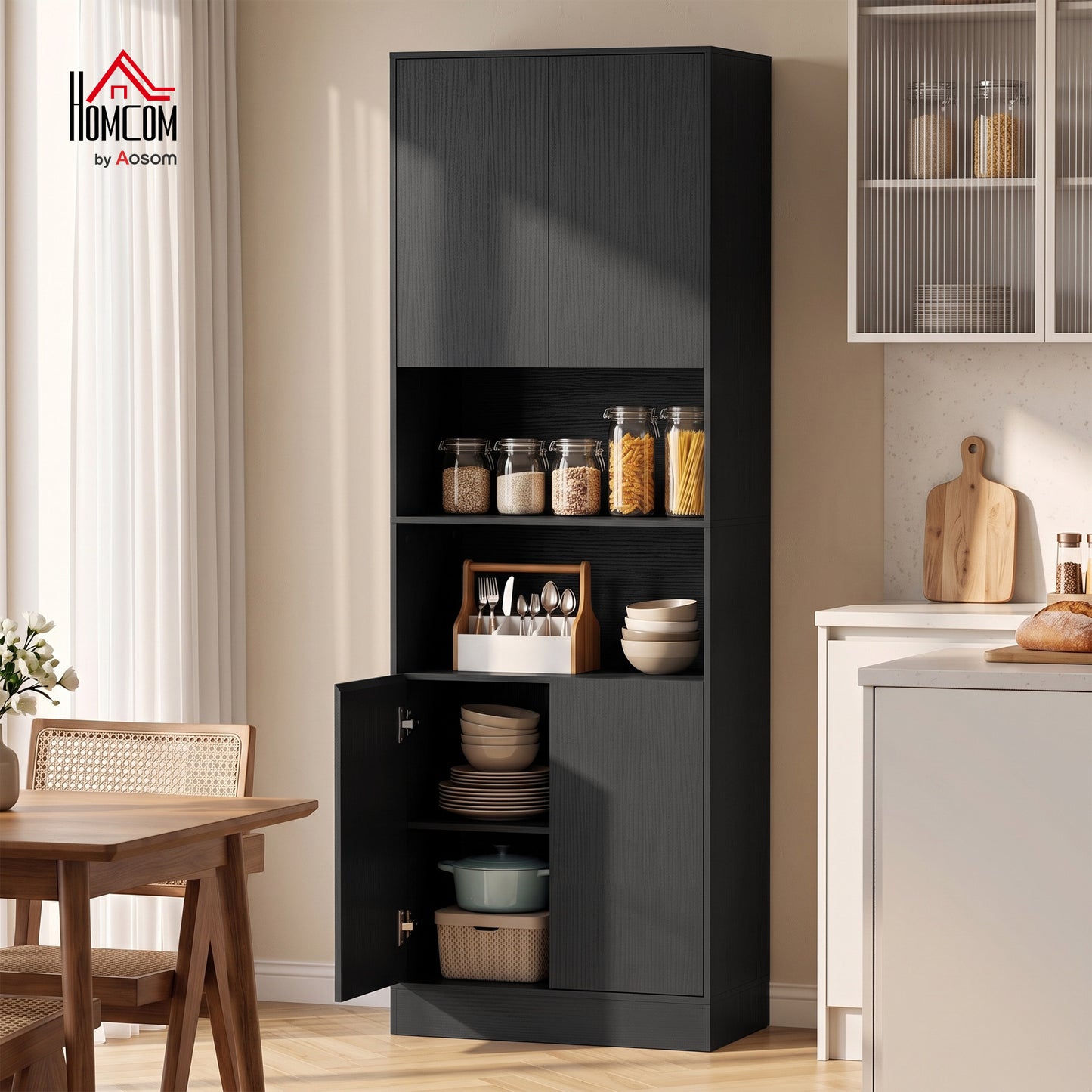 170cm Kitchen Pantry Cabinet with Soft-Close Hinges, Black Wood Effect
