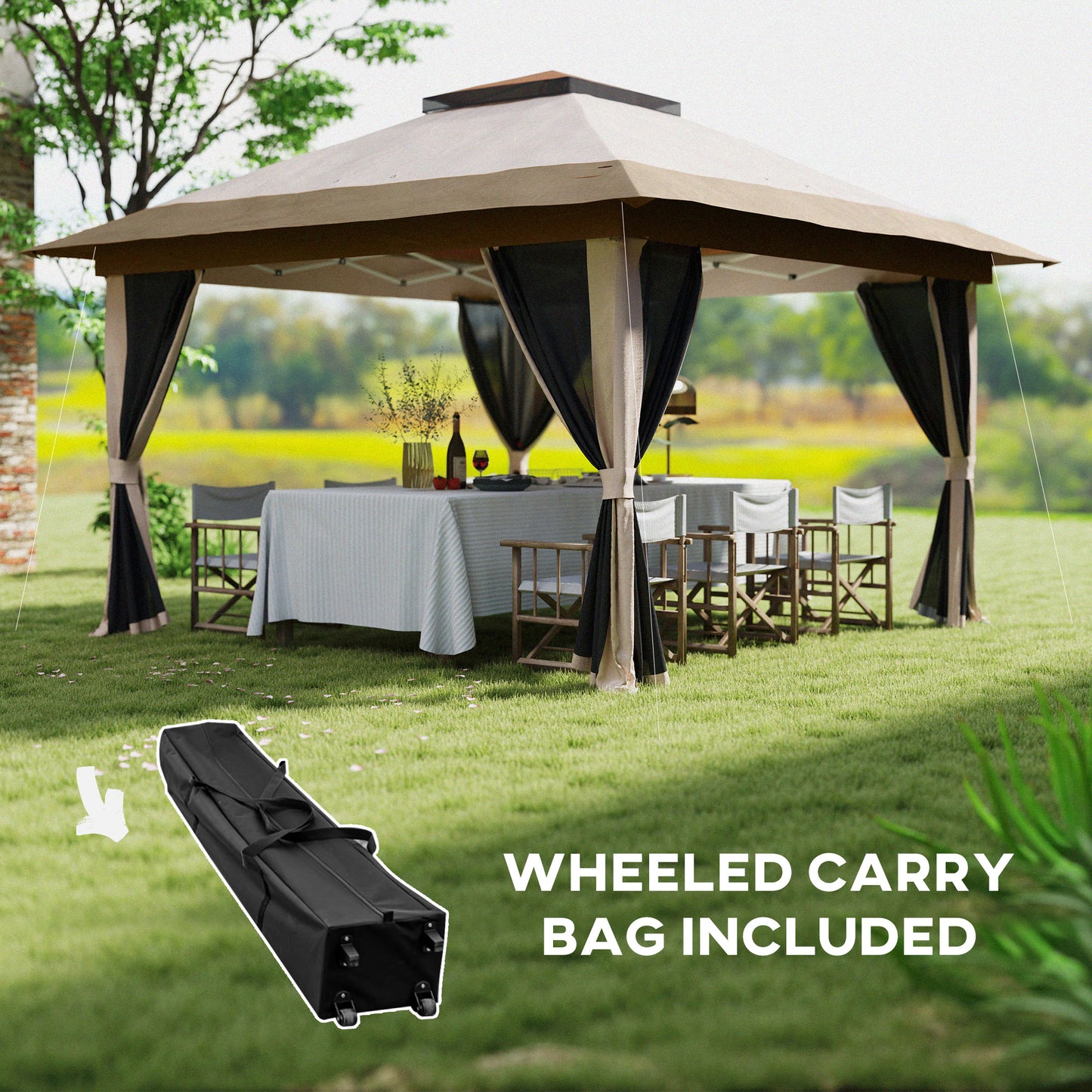 3.6 x 3.6m Pop Up Gazebo with Netting and Wheeled Bag, Beige