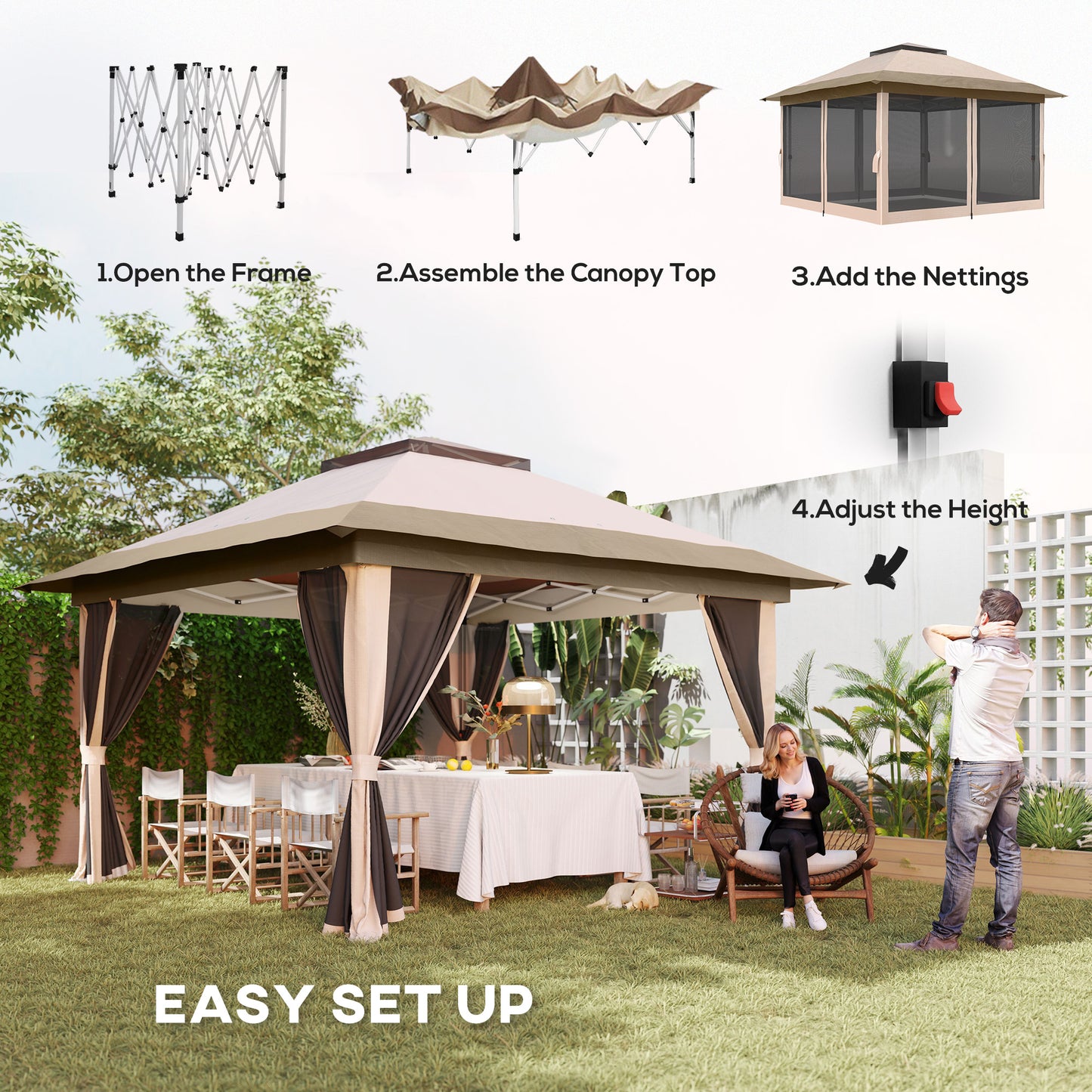 3.6 x 3.6m Pop Up Gazebo with Netting and Wheeled Bag, Beige