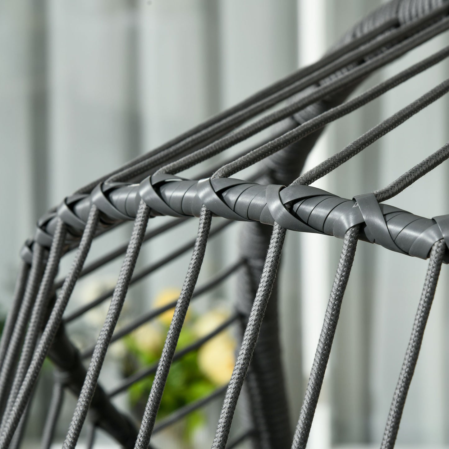 Outdoor Swing Chair with Thick Padded Cushion, Patio Hanging Chair with Metal Stand, Foldable Basket, Cup Holder, Rope Structure