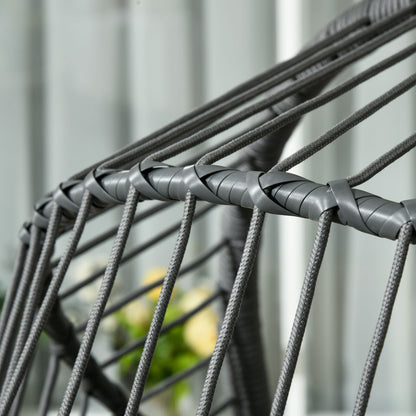 Outdoor Swing Chair with Thick Padded Cushion, Patio Hanging Chair with Metal Stand, Foldable Basket, Cup Holder, Rope Structure