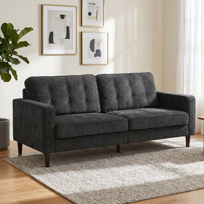 3 Seater Sofa, Velvet-Feel Fabric Upholstered Small Couch for Bedroom, Modern Sofa Settee with Padded Cushion, Button Tufting and Wood Legs for Living Room, Dark Grey