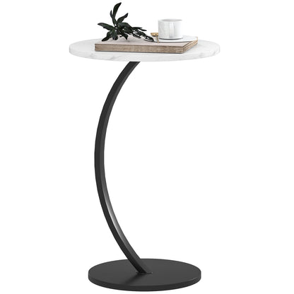 C Shaped Side Table, Round Bedside Table w/ Marble Effect Top, White
