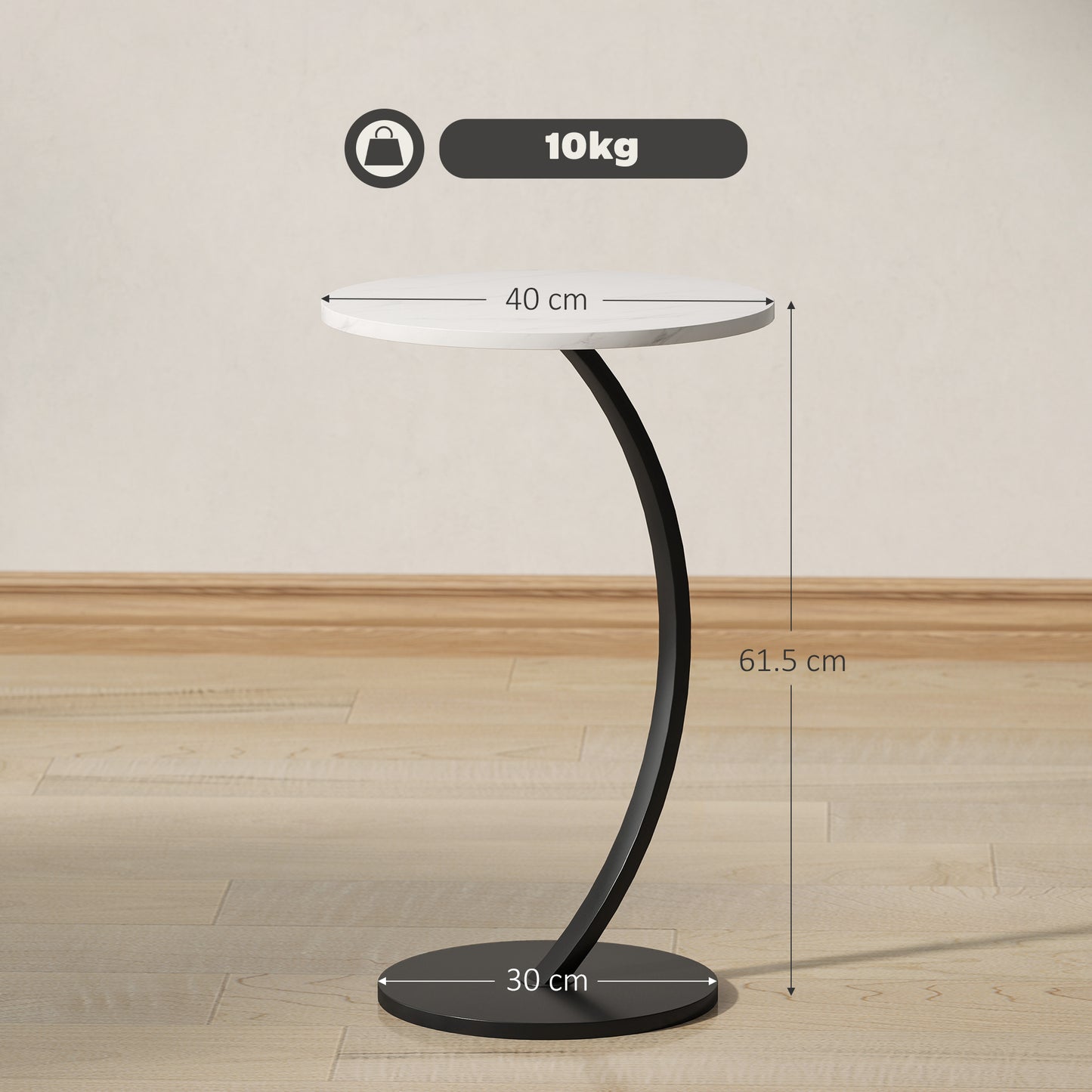 C Shaped Side Table, Round Bedside Table w/ Marble Effect Top, White