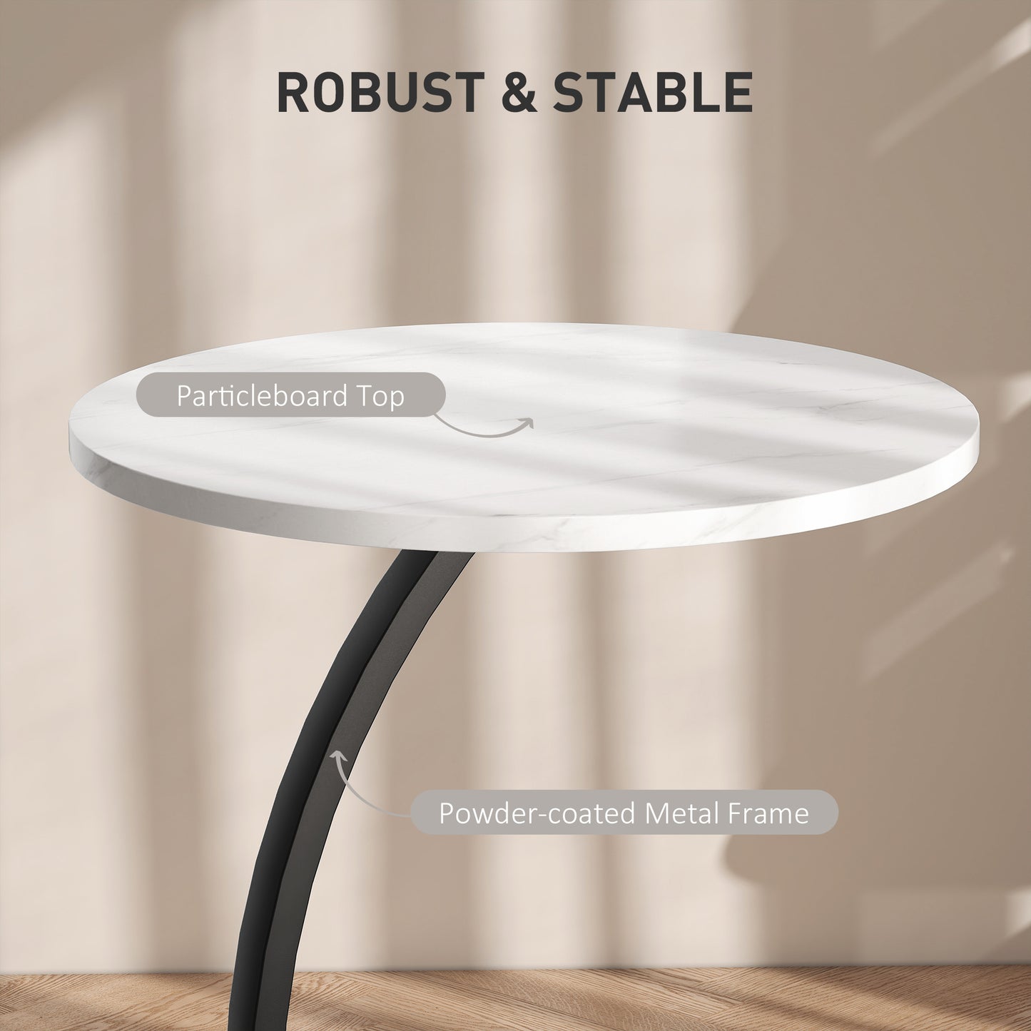 C Shaped Side Table, Round Bedside Table w/ Marble Effect Top, White