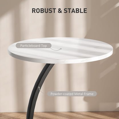 C Shaped Side Table, Round Bedside Table w/ Marble Effect Top, White