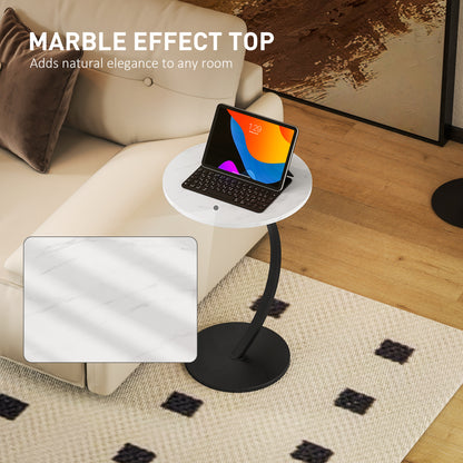 C Shaped Side Table, Round Bedside Table w/ Marble Effect Top, White