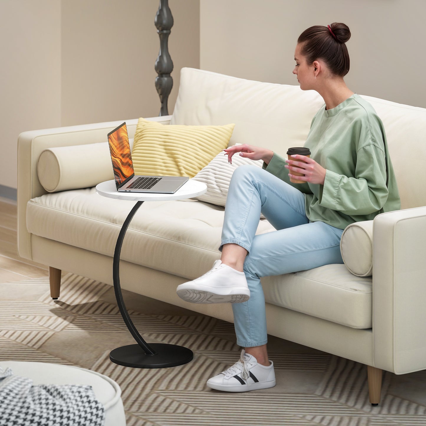 C Shaped Side Table, Round Bedside Table w/ Marble Effect Top, White