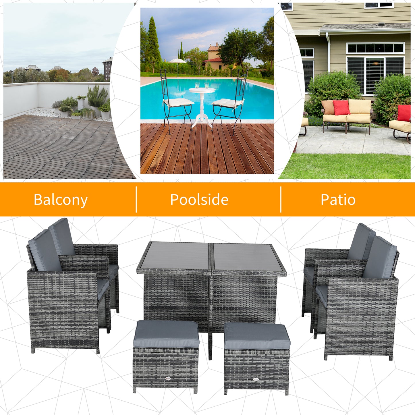 Outsunny 9 Pieces PE Rattan Cube Garden Furniture Set with Cushions, Outdoor Rattan Dining Set with 4 Armchairs, 4 Stools, and Tempered Glass Top Table for Space Saving, Grey