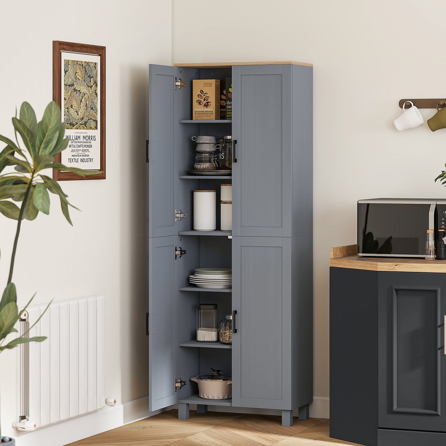 Modern Kitchen Cupboard Storage Cabinet with 6 Shelves, Grey