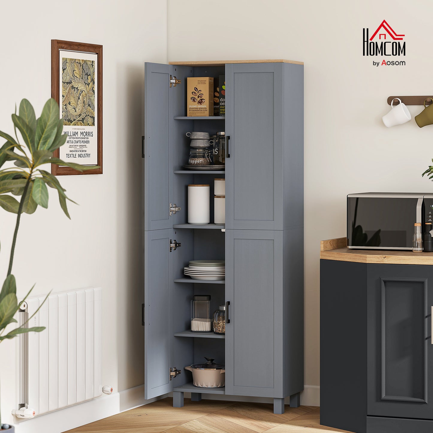 Modern Kitchen Cupboard Storage Cabinet with 6 Shelves, Grey