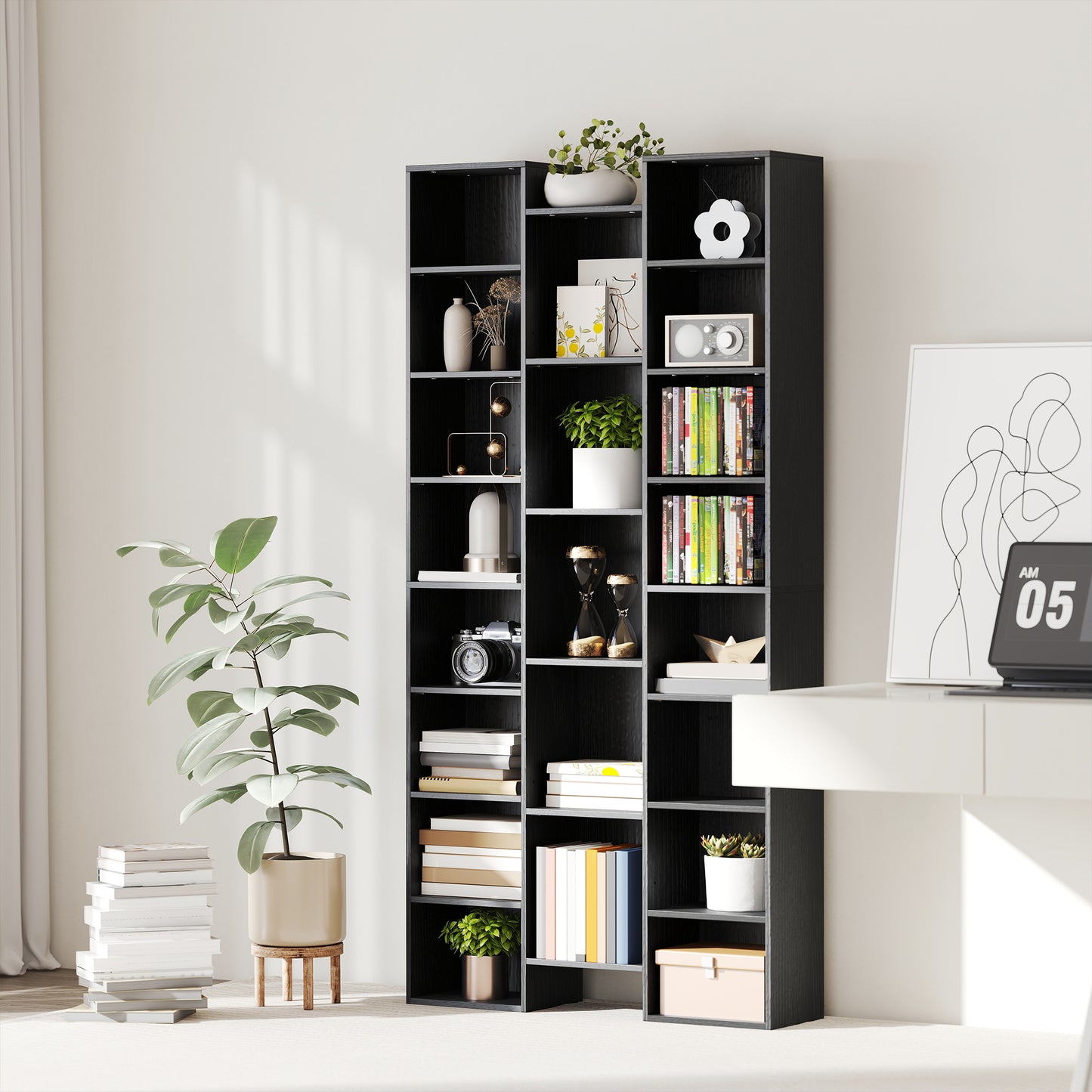 Tall Bookshelf with 21 Compartments and 10 Adjustable Shelves, Black