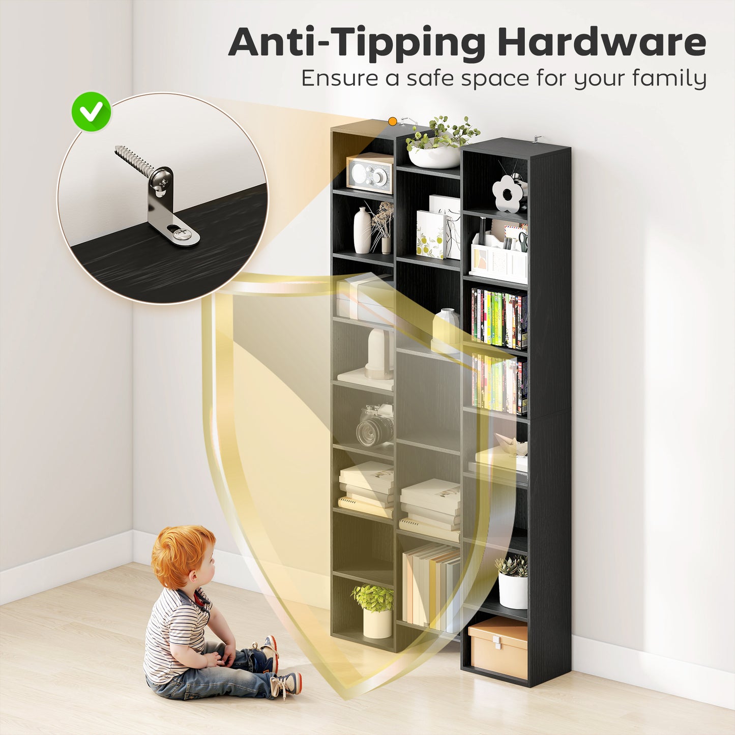 Tall Bookshelf with 21 Compartments and 10 Adjustable Shelves, Black