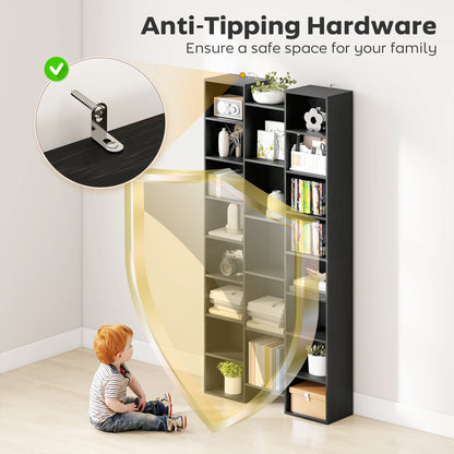 Tall Bookshelf with 21 Compartments and 10 Adjustable Shelves, Black