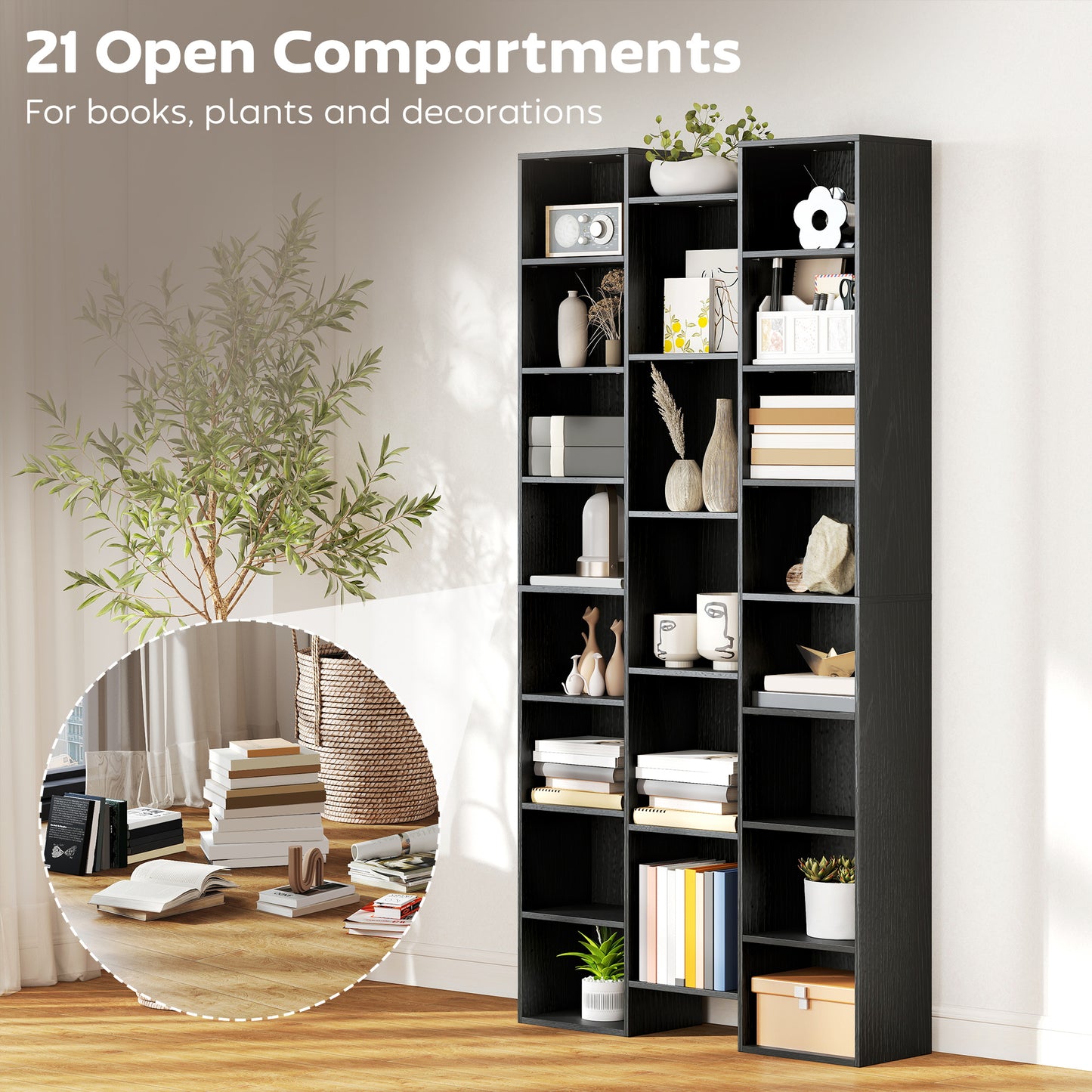 Tall Bookshelf with 21 Compartments and 10 Adjustable Shelves, Black