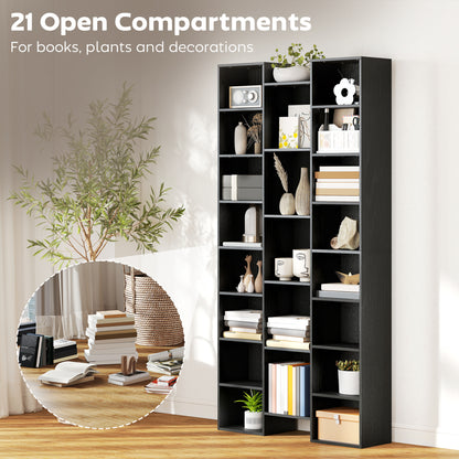 Tall Bookshelf with 21 Compartments and 10 Adjustable Shelves, Black