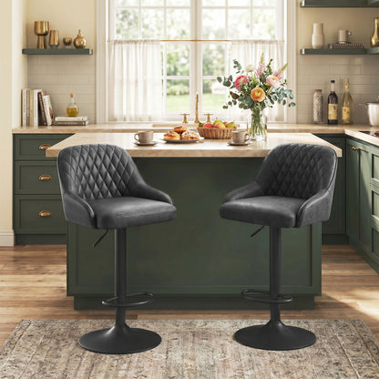 Breakfast Bar Stools Set of 2 with Wide Padded Seat, PU Leather Adjustable Swivel Bar Chairs, Modern Barstools with Footrest for Kitchen Island Counter, Home Bar, Black