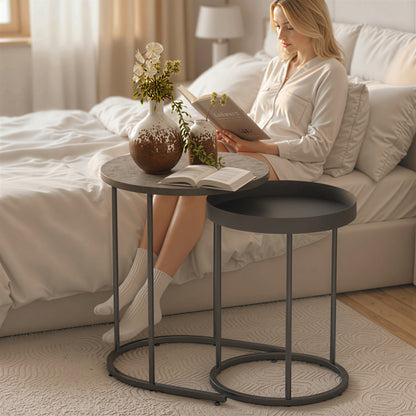 Nesting Side Table Set of 2, Industrial Round Nest of Tables, Grey