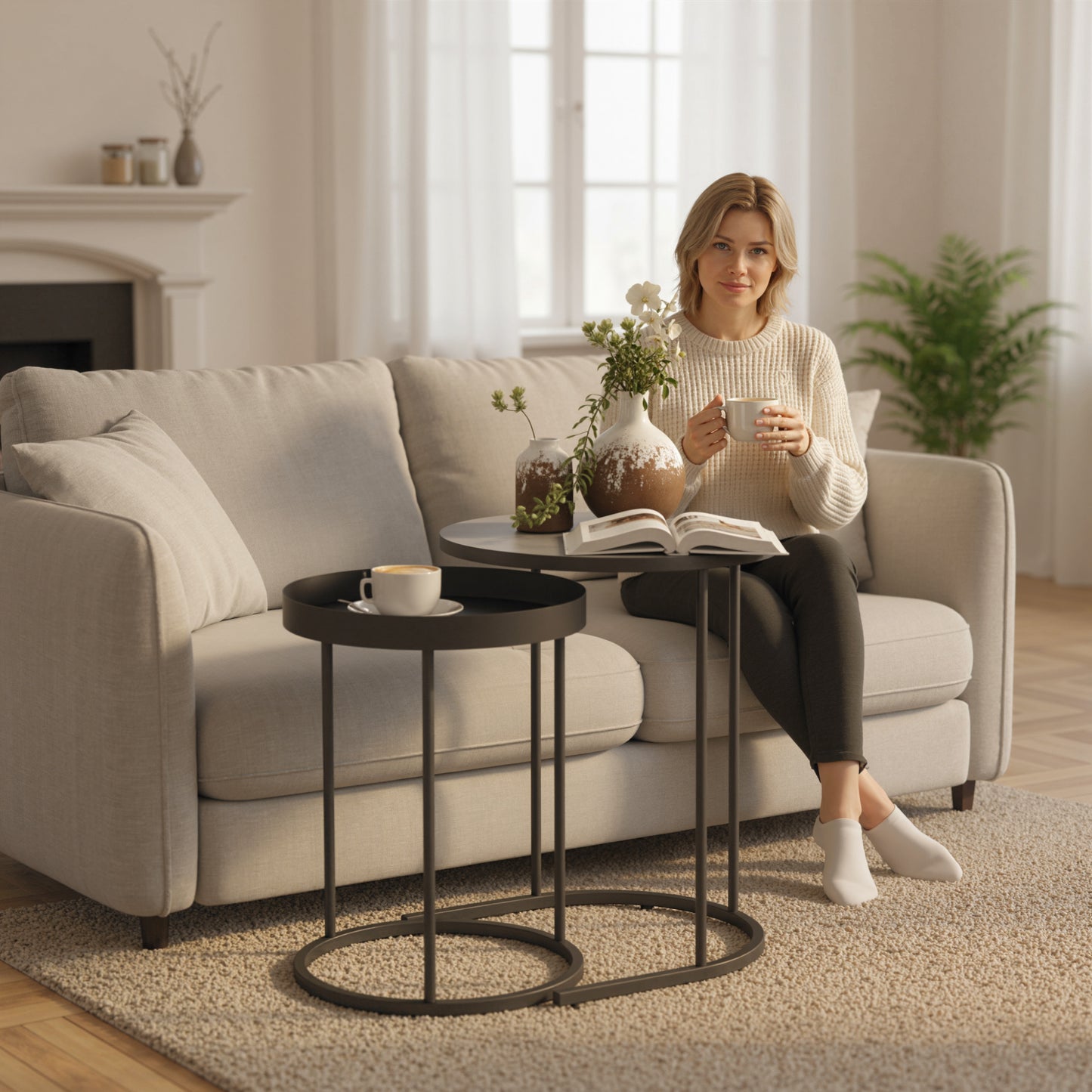 Nesting Side Table Set of 2, Industrial Round Nest of Tables, Grey