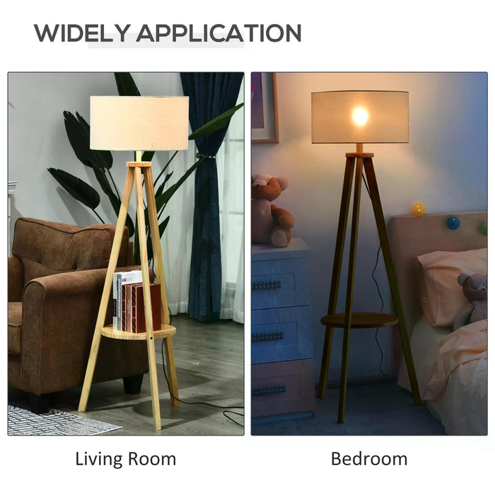 Freestanding Tripod Floor Lamp Bedside Reading with Storage Shelf Linen Shade for Living Room Bedroom, 154cm, Cream