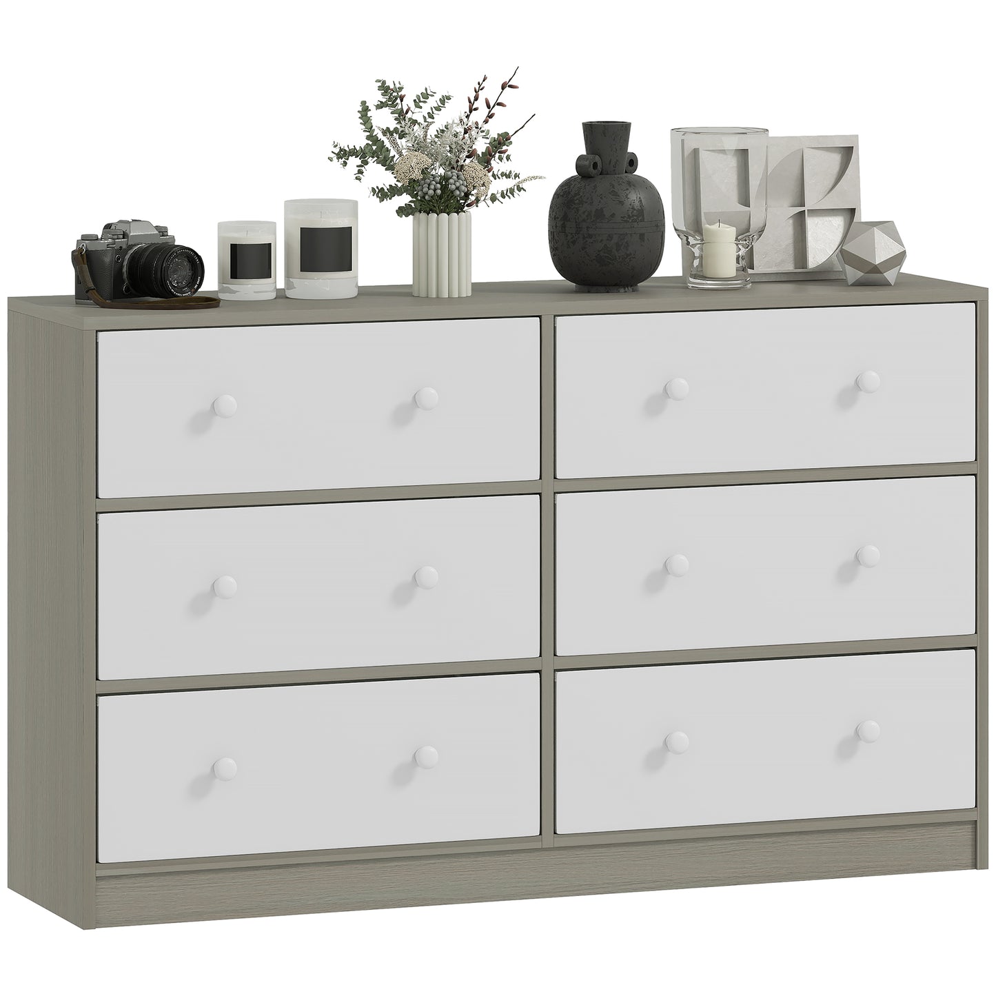 Chest of Drawers, 6 Drawer Dresser for Bedroom, White and Grey