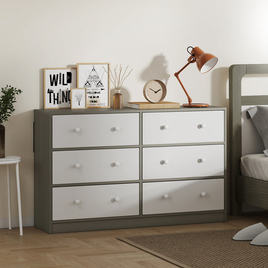 Chest of Drawers, 6 Drawer Dresser for Bedroom, White and Grey