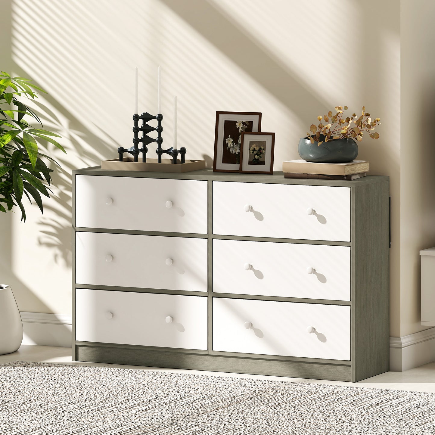 Chest of Drawers, 6 Drawer Dresser for Bedroom, White and Grey