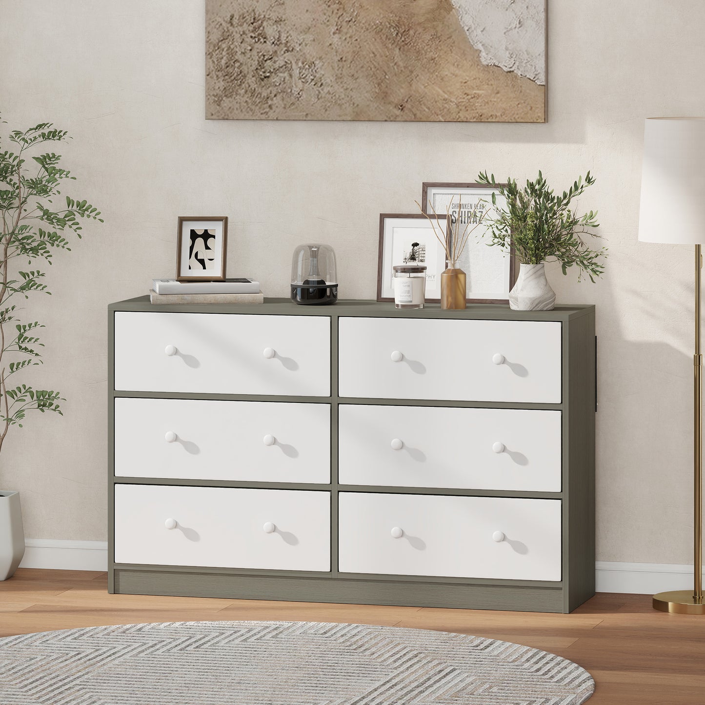 Chest of Drawers, 6 Drawer Dresser for Bedroom, White and Grey