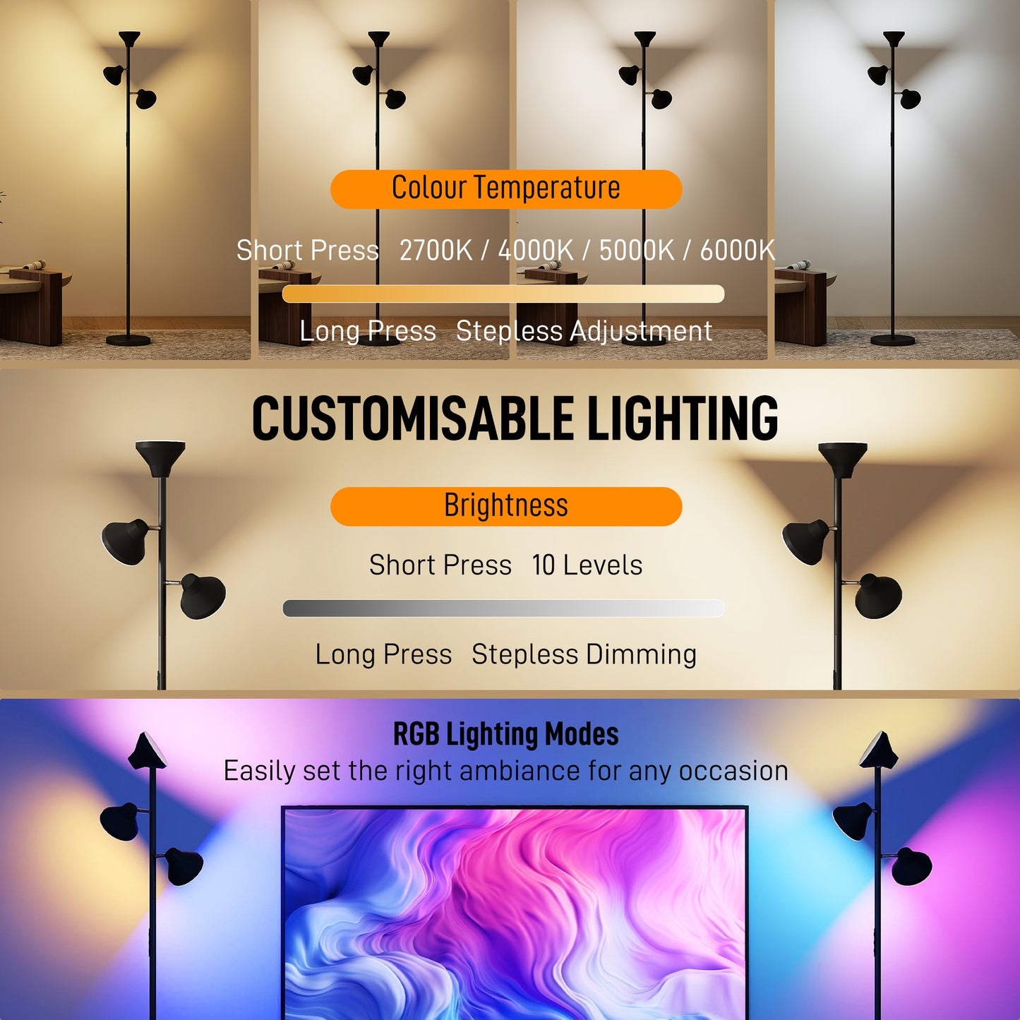 RGB Floor Lamp with 3 Rotatable Head, Modern Standing Lamp, Black