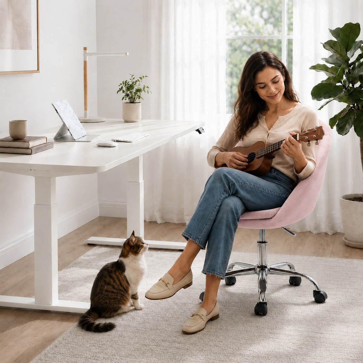 Velvet Desk Chair with Height-Adjustable, Wheels, Pink