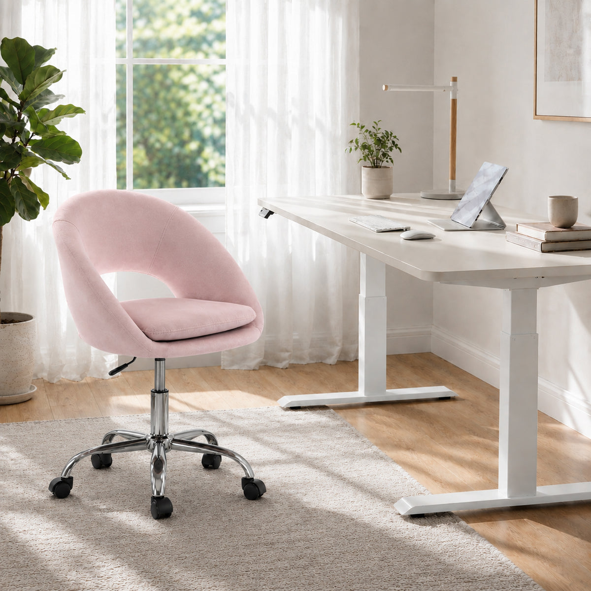 Velvet Desk Chair with Height-Adjustable, Wheels, Pink