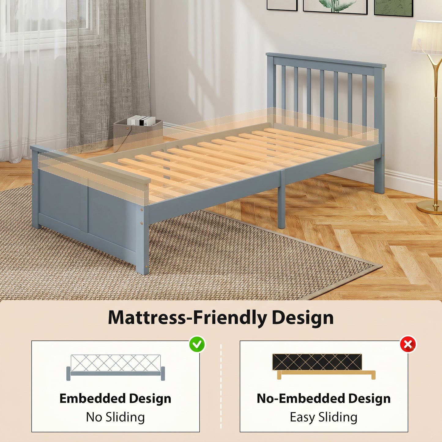 Storage Bed with 2 Drawers, Headboard, Wood Slat Support, Grey