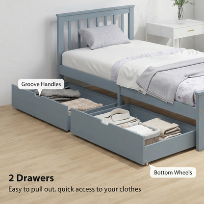 Storage Bed with 2 Drawers, Headboard, Wood Slat Support, Grey