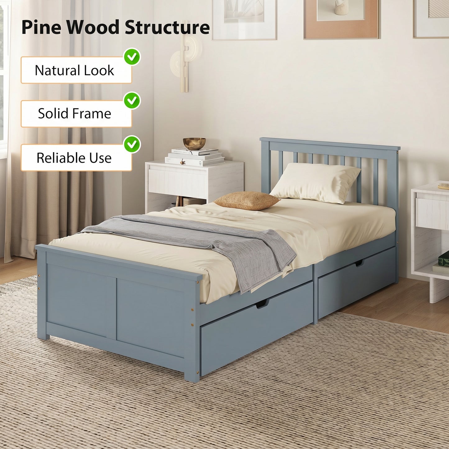 Storage Bed with 2 Drawers, Headboard, Wood Slat Support, Grey