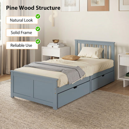 Storage Bed with 2 Drawers, Headboard, Wood Slat Support, Grey