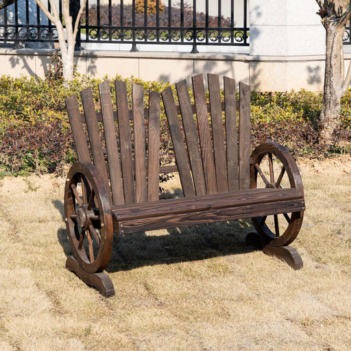 2 Seater Garden Bench Comfortable Fir Logs Love Chair with Wheel-Shaped Armrests, Outdoor Adirondack Wooden Loveseats, Carbonized colour