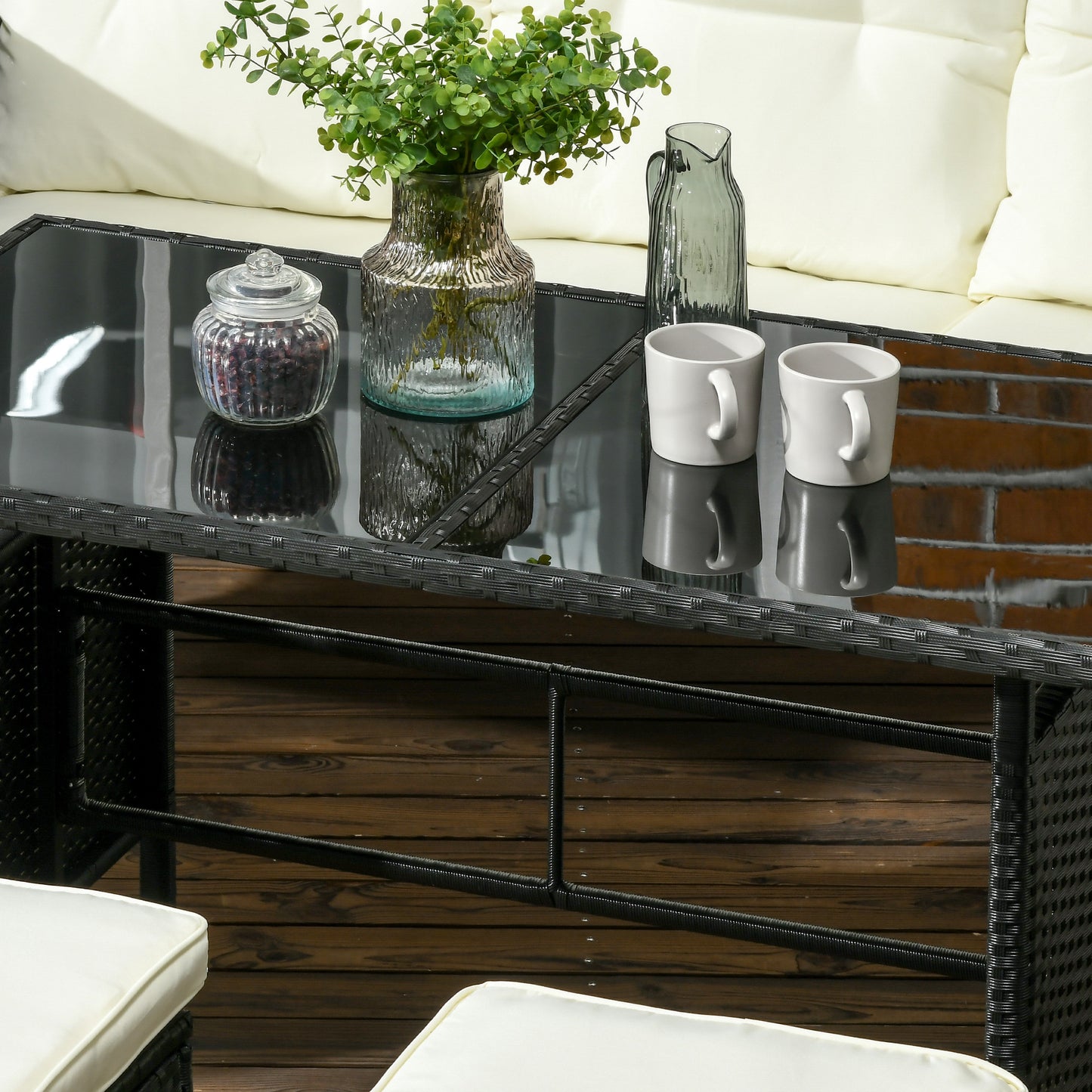 5 Seater Rattan Garden Furniture Set Wicker Armchairs Footstools and Glass Table Patio Rattan  Sets with Cushions, Black
