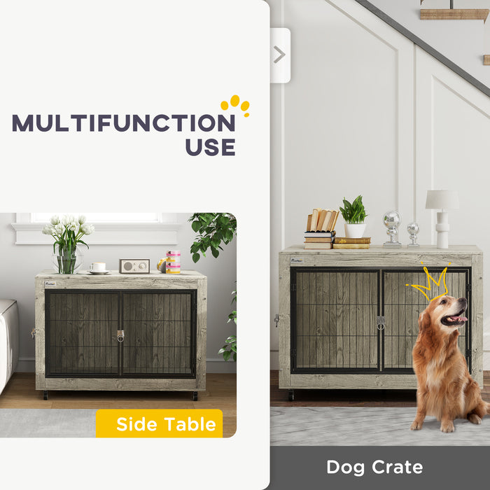 Dog Crate Furniture on Wheels, Dog Cage End Side Table with Lockable Double Doors, for Large Dogs, 100 x 60 x 73.5cm, Grey