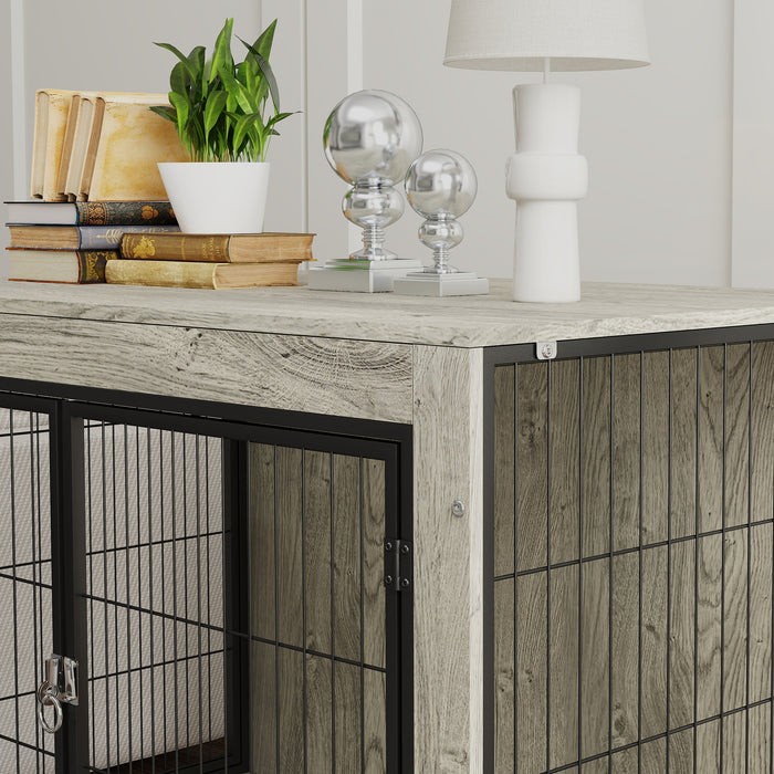 Dog Crate Furniture on Wheels, Dog Cage End Side Table with Lockable Double Doors, for Large Dogs, 100 x 60 x 73.5cm, Grey