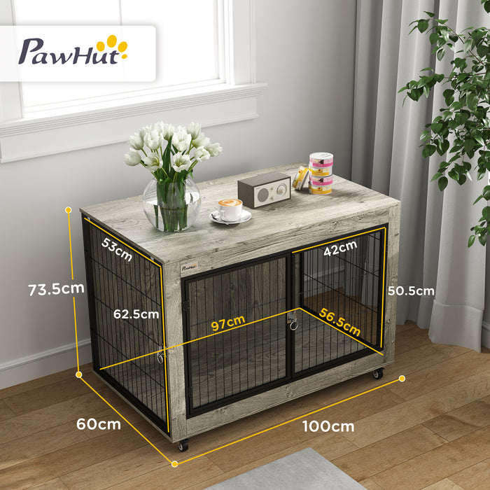 Dog Crate Furniture on Wheels, Dog Cage End Side Table with Lockable Double Doors, for Large Dogs, 100 x 60 x 73.5cm, Grey