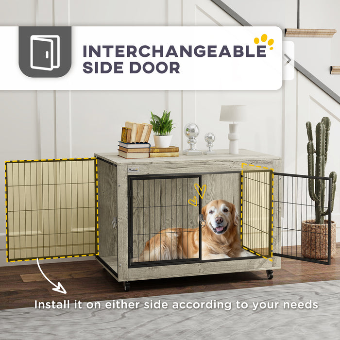 Dog Crate Furniture on Wheels, Dog Cage End Side Table with Lockable Double Doors, for Large Dogs, 100 x 60 x 73.5cm, Grey