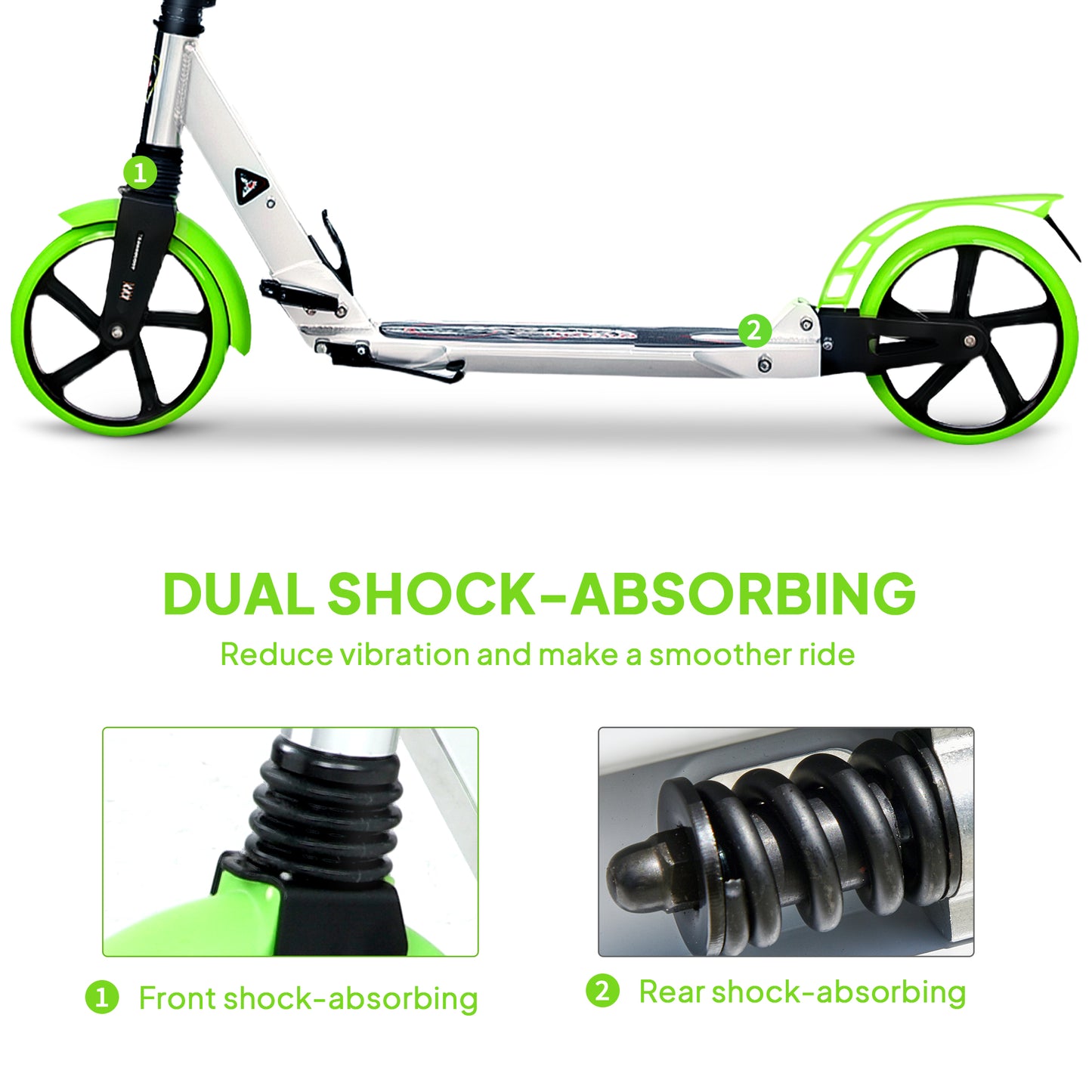 Folding Kick Scooter with Big Wheels for 14+ Teens Adult, Green