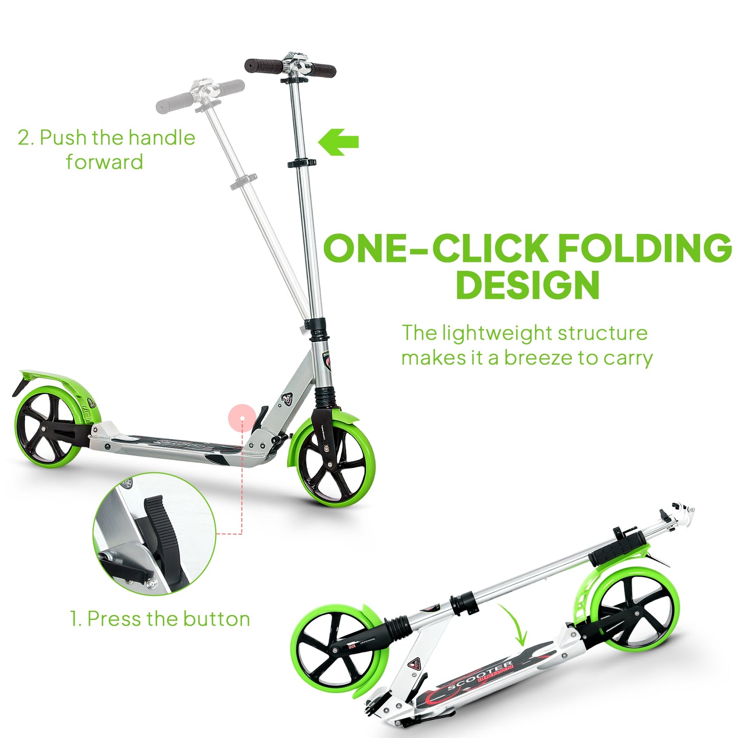 Folding Kick Scooter with Big Wheels for 14+ Teens Adult, Green